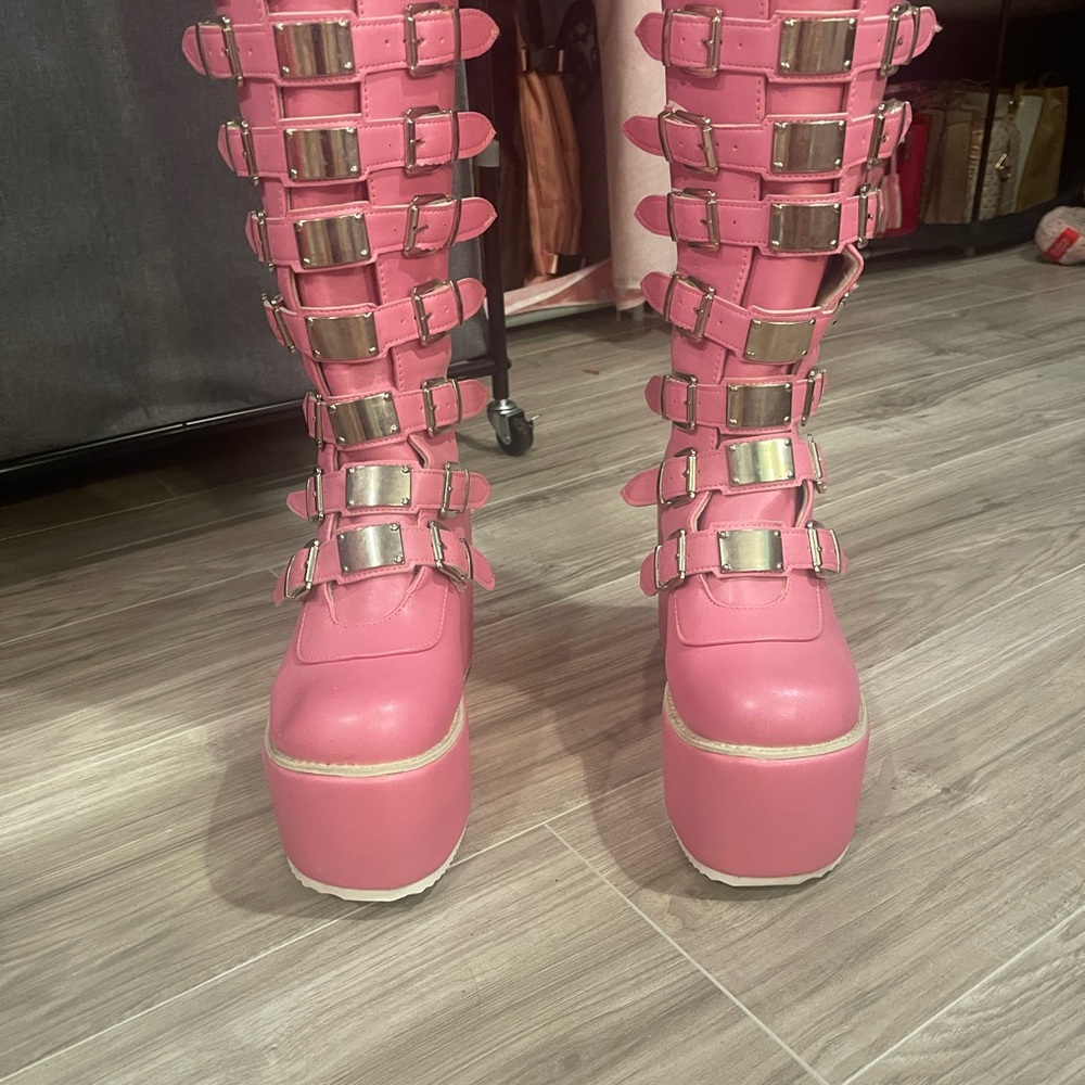 Pink Platform Buckle Boots